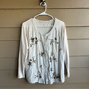 J. Jill Ivory Embroidered Button Down Paneled Floral Scoop Neck Size LP